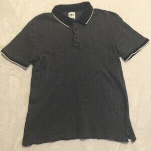ZARA Men's Navy-Blue White 100% Cotton Polo Shirt Medium